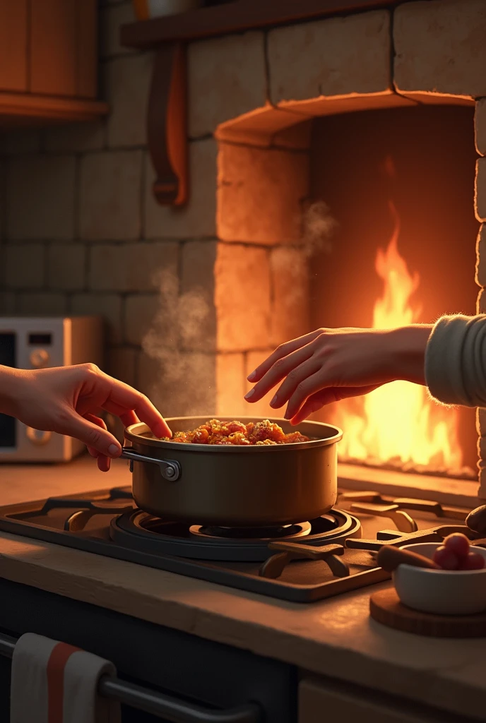 Suggested images: Cooking on the stove, warm hands by the fire, và sử dụng lò vi sóng.
