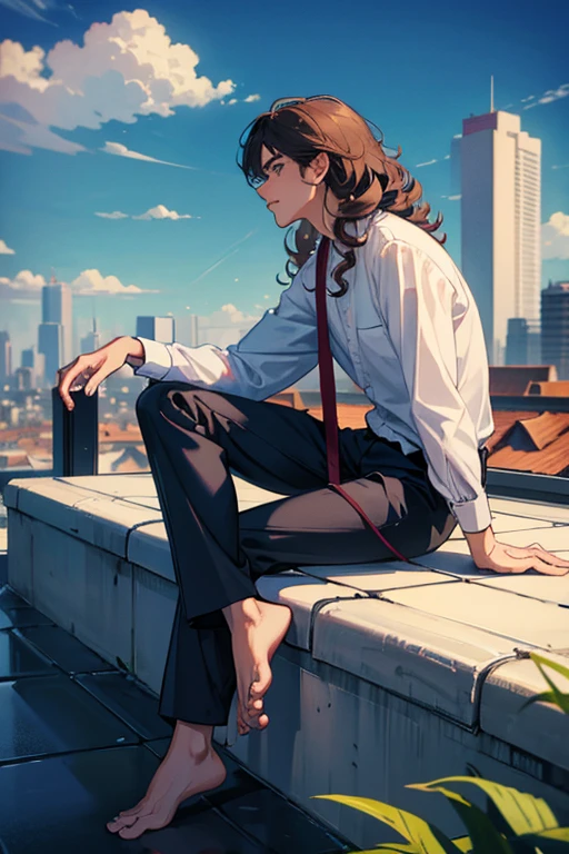 male,Landscape,profile,barefoot,shirt,slacks,Sit on the edge of the rooftop,Long legs,One length,Curly hair