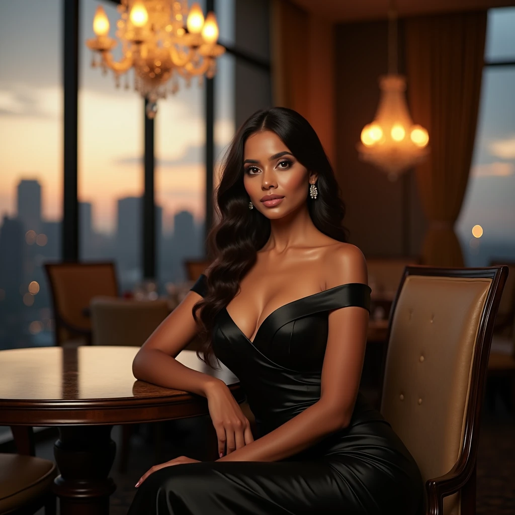 best quality,4k,8k,highres,masterpiece:1.2),ultra-detailed,(realistic,photorealistic,photo-realistic:1.37),srilankan 25 year old girl, with attractive facial features,beautiful detailed eyes,beautiful detailed lips,extremely detailed eyes and face,longeyelashes, fair skin tone. big breasts. A beautiful, elegant woman in her late 20s, with long flowing hair, is seated gracefully on a plush chair beside a round, polished table at a prestigious luxury hotel in Colombo. The woman is wearing a sophisticated evening dress, radiating confidence and poise. The background features grand chandeliers, ornate decor, and large windows offering a glimpse of Colombo's cityscape at dusk. The ambiance exudes exclusivity and refinement, with soft lighting casting a warm glow over the scene, highlighting the woman's serene expression
