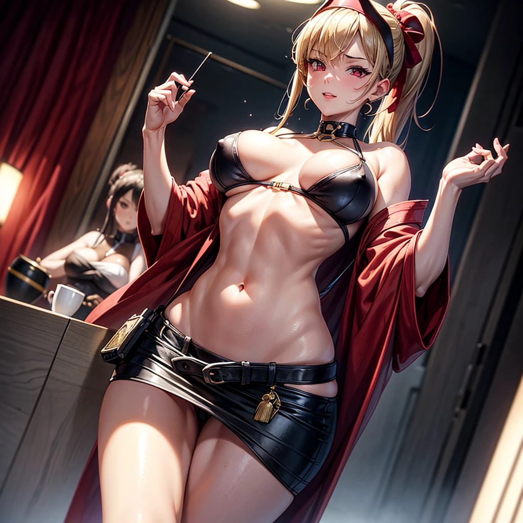 (Masterpiece), (Mysterious Mood), score_9, score_8_up, score_7_up, embed: urn: air: sd1: embed: civitai: 222256@250708, embed: urn: air: sd1: embed: S7888, women each other source anime, from below Look, cowboy shot, smile, parted lips, shaded face, 2girl, , pink , cleavage, lower , belly button, thighs, nice , exaggerated blonde, red eyes, long hair, bangs covered Cover one eye, white pajamas, straps slipped, head tilted, fingers on mouth, pants tucked in, pulling each other's clothes, tilt, abstract background, spotlight, red background, dark background, entangled, blood stains Splash, long hair, , fighting pose pink  and  touching each other, , underboobs, brown hair, cleavage,  shoulders and cleavage, brown eyes, upper body, ponytail, high  showing legs and , red kimono , blue cheongsam, sleeveless, high , legs and  exposed, collar, blurred, arms, lips, bangs, belt, high ponytail, headband, rope, armband, ninja, cleavage, ,  exposed under  Details, clothes that may unintentionally separate (unfold), embeds (causing clothes to be pulled up to the  of the body), shirts may tear, tops may slip (causing side lighting), soft, high-detailed masterpieces, delicate skin, Japanese Hong Kong style girls , vintage details), distressed high collar, cyberpunk warrior, silver glitter, , cleavage, lower , belly) buttons, moisturizing, cyberpunk, Japanese street, dark, (hyper-realistic, large depth of field, color, 3D octane render, 4k trend, concept image), smooth lips, smooth eyes, smooth skin, smooth eyes, smooth eyes, smooth eyes, eyeliner, light makeup, eye makeup, shut up, female  , shy, blushing, visible , natural sagging , panties, toned body, hourglass figure, (wet) figure: 1.6,