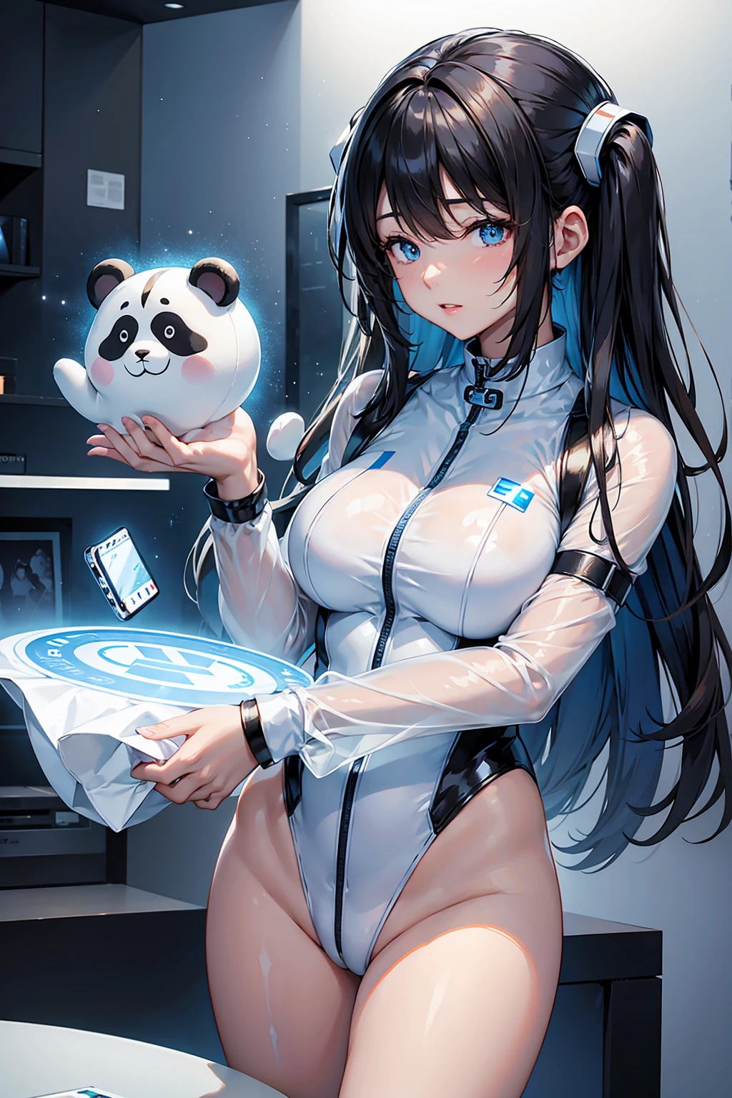 Holding a stuffed panda、Holding a smartphone in hand、Smartphone design、Next-generation smartphones、Transparent body、Holographic Dial、Carry it on your arm、A female android with a smartphone on her arm、Smartphone Exhibition、event venue、Android Companion、Projecting holograms from a wrist-worn smartphone、Smartphone adoption、Simple white background, Stylish table, Smartphone on the table、A female android wearing a white and blue formal suit
