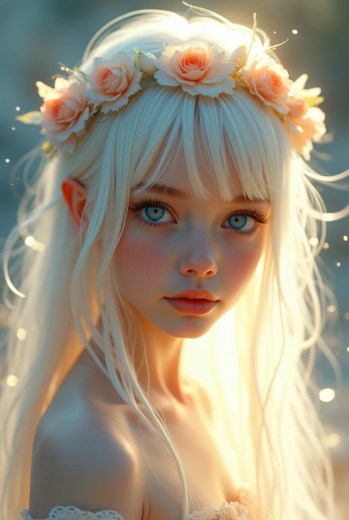 White hair, cute , blue eyes, pouring light, flower crown