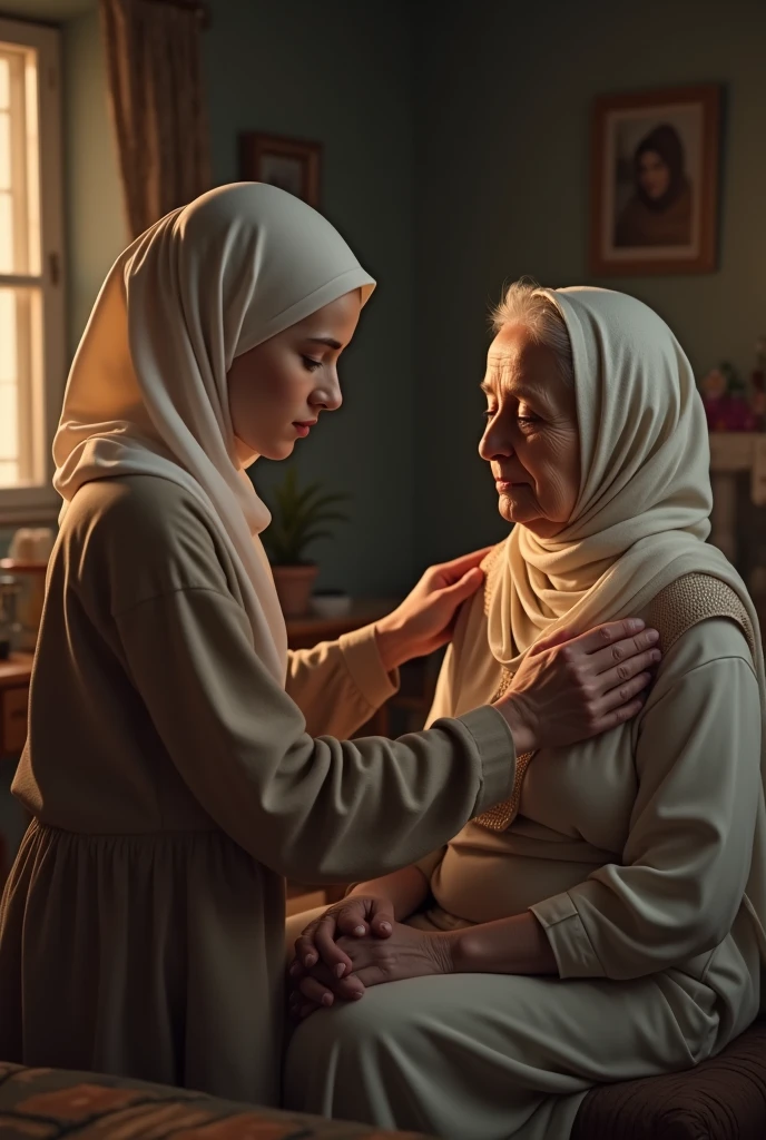 A Muslim girl massaging her Muslim mother&#39;s shoulders 