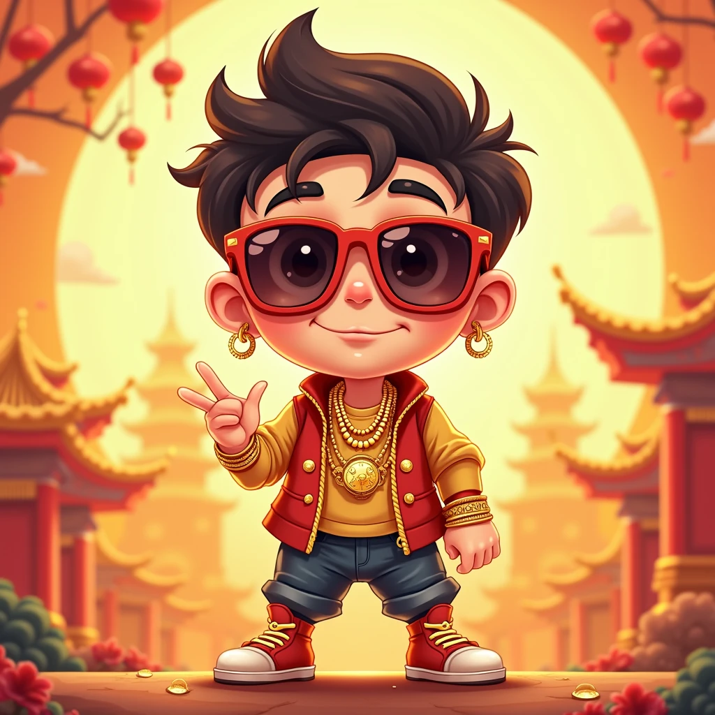 A lucky boy,Cartoon,Wear sunglasses,rich,Chinese,Multigold,Bright background,jin shan,