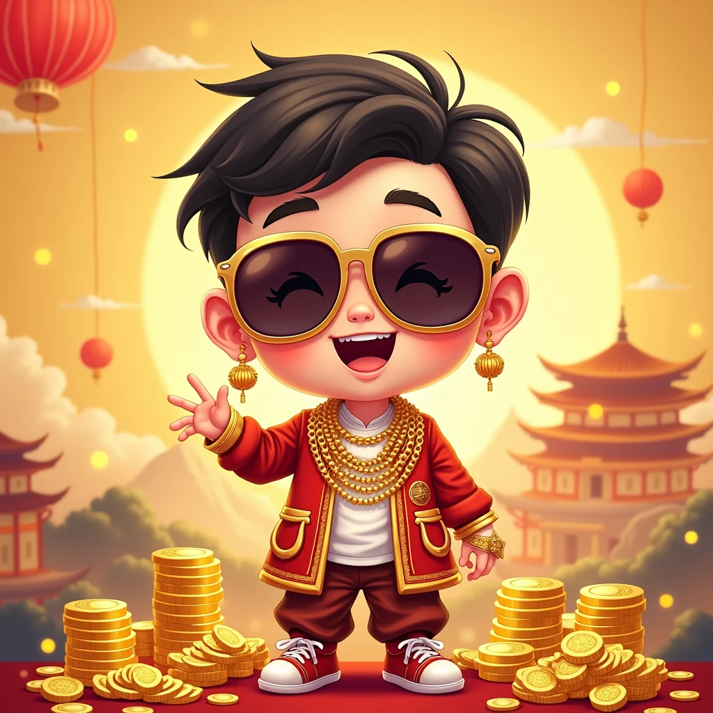 A lucky boy,Cartoon,Wear sunglasses,rich,Chinese,Multigold,Bright background,jin shan,
