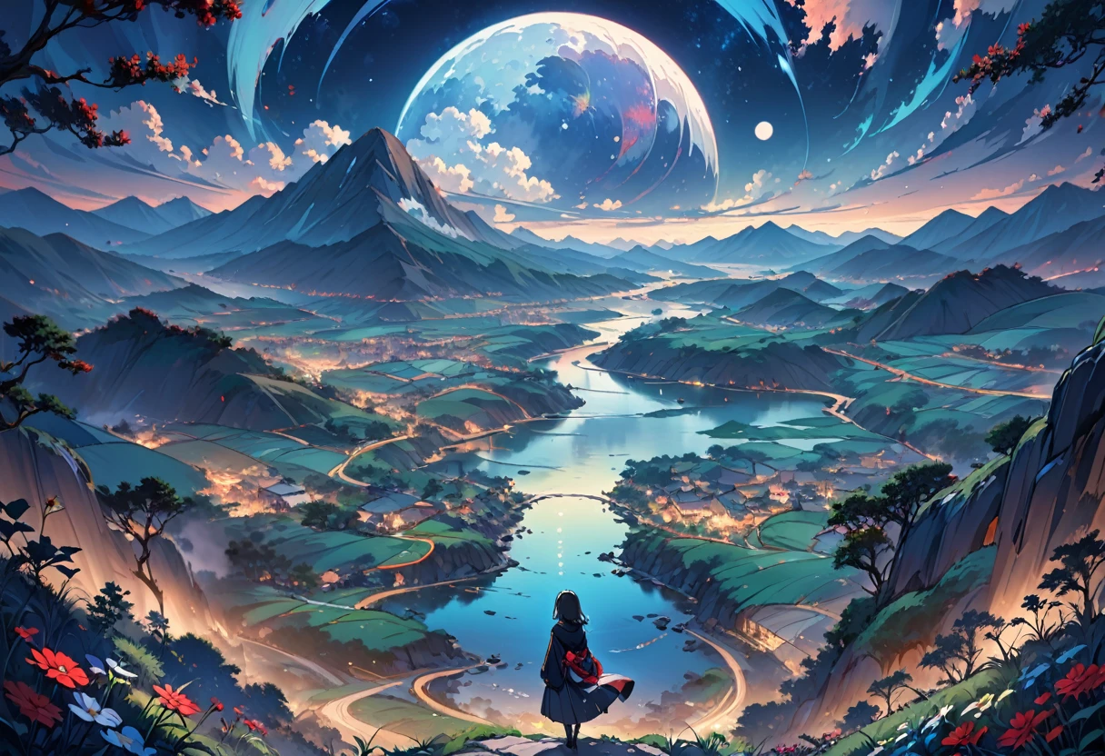 8K,high res,((back view of human)),a beautiful land scape at night ,no face