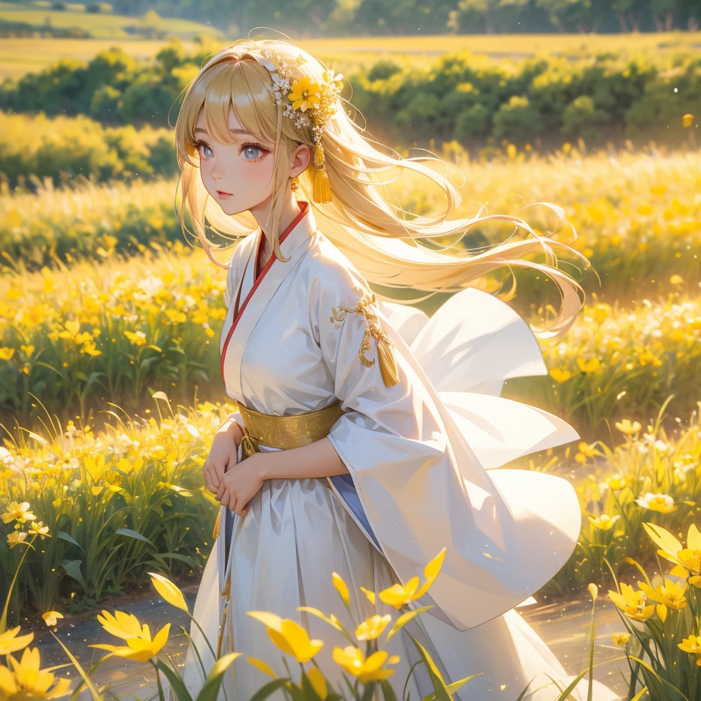 A beautiful female in white hanfu dress , Standing in the midst of a field of bright yellow gold fields,close up.