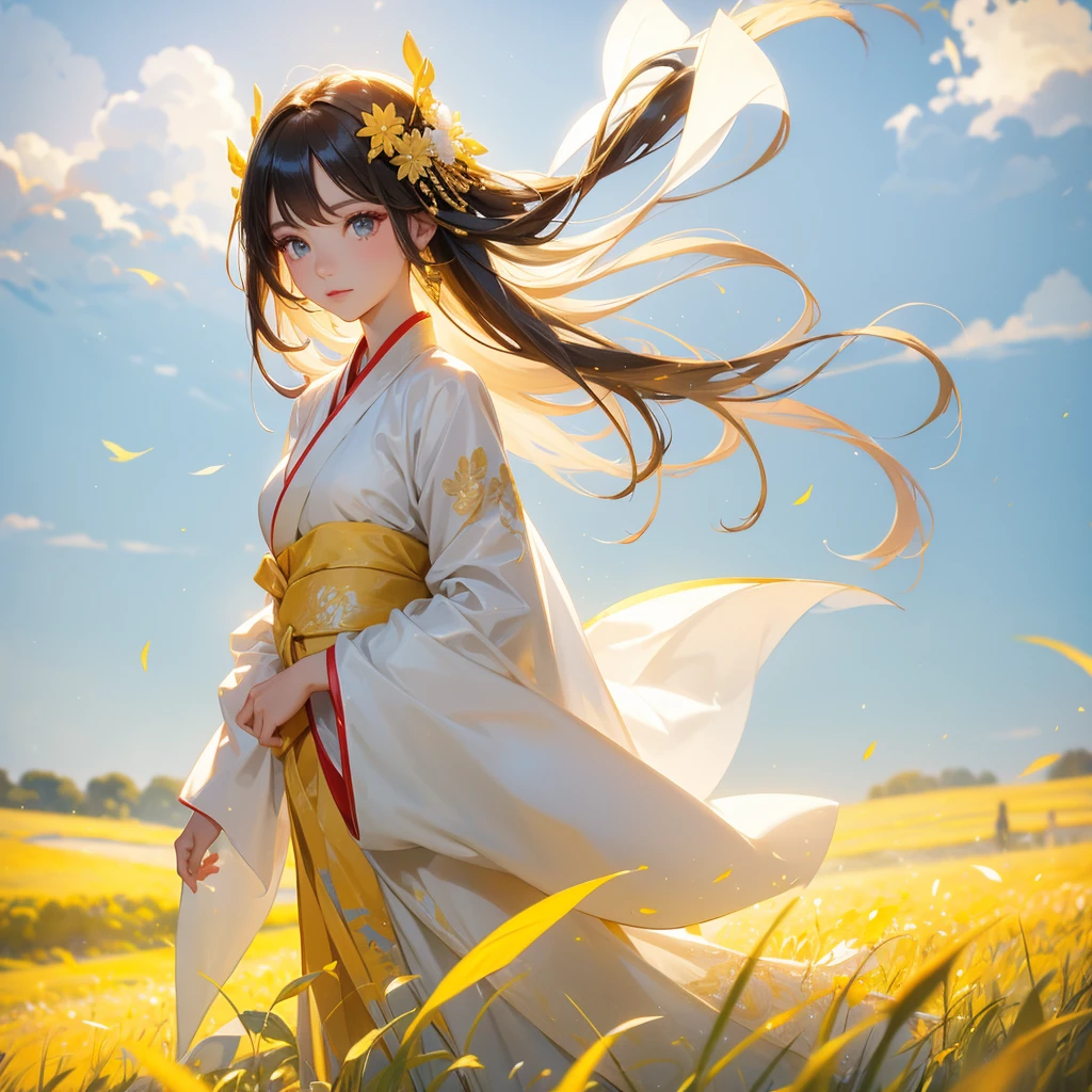 A beautiful female in white hanfu dress , Standing in the midst of a field of bright yellow gold fields,close up.