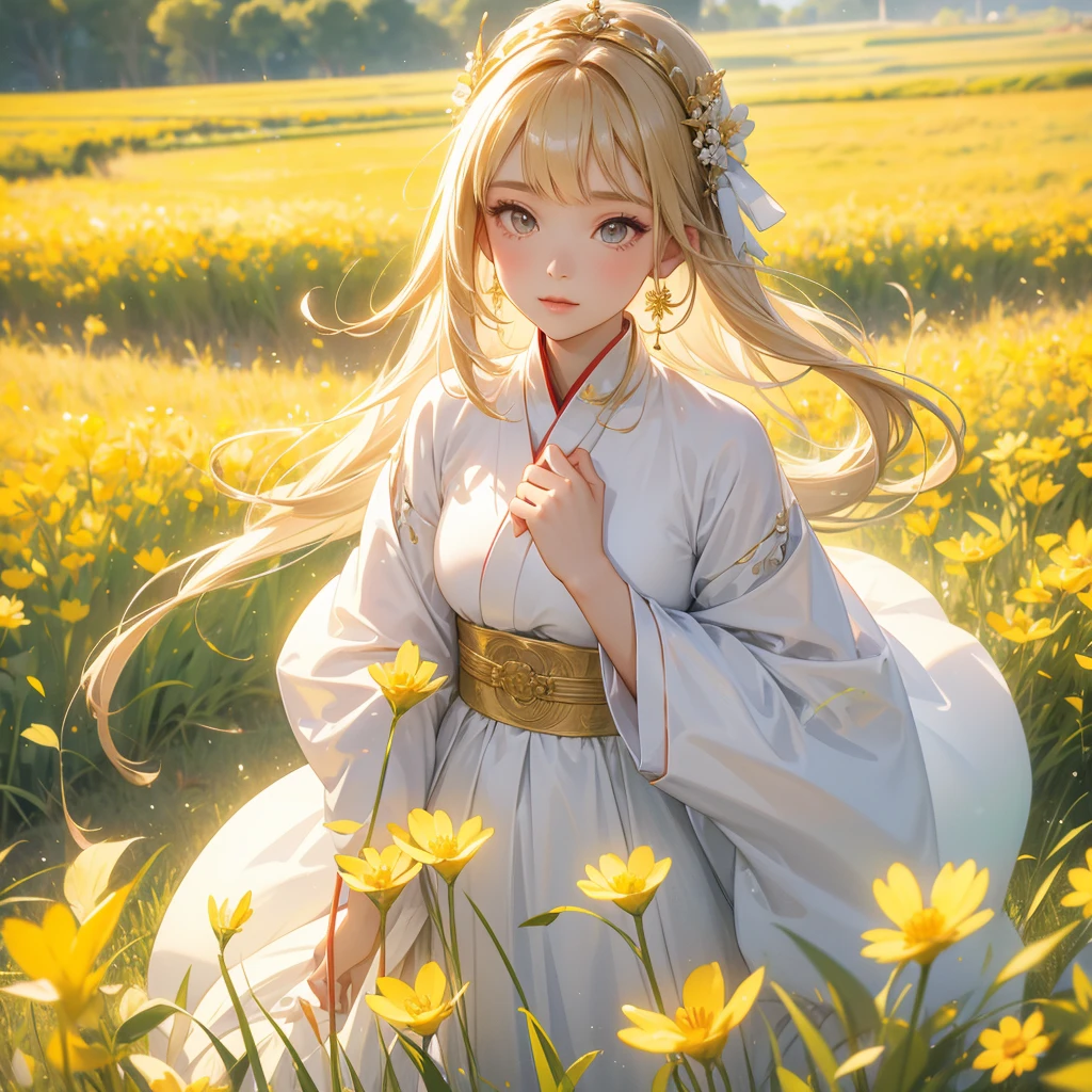 A beautiful female in white hanfu dress , Standing in the midst of a field of bright yellow gold fields,close up.