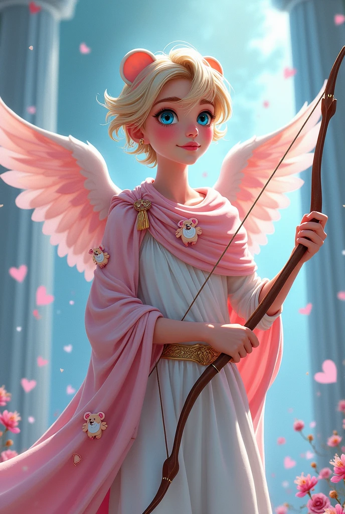 Angel boy with a bow pointing forward and blindfolded