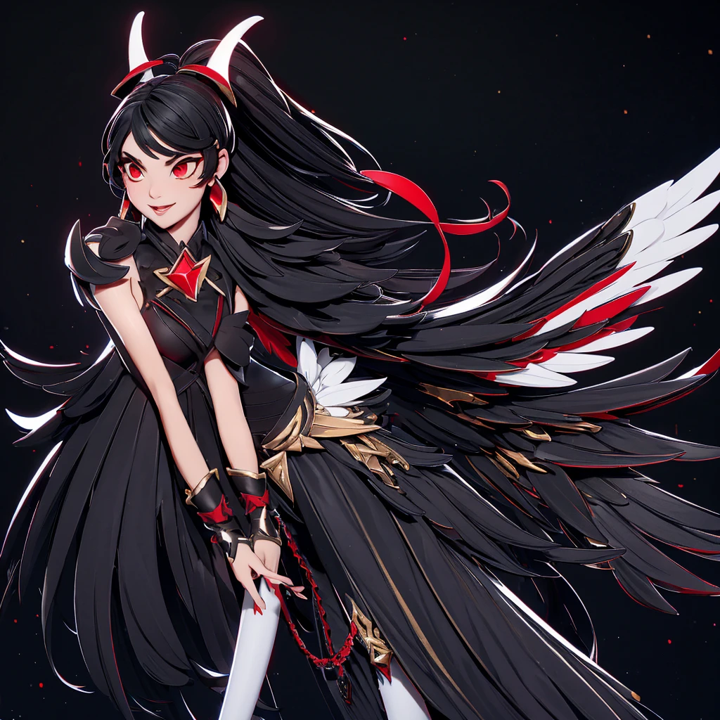 A girl with black hair with a red ribbon, black wings, a long black dress with a gold armband, white horns, black lips, and shiny red sequined shoes.
