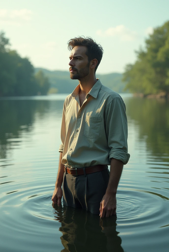 A man stands in the lake and looks with excitement, sad, Thinks