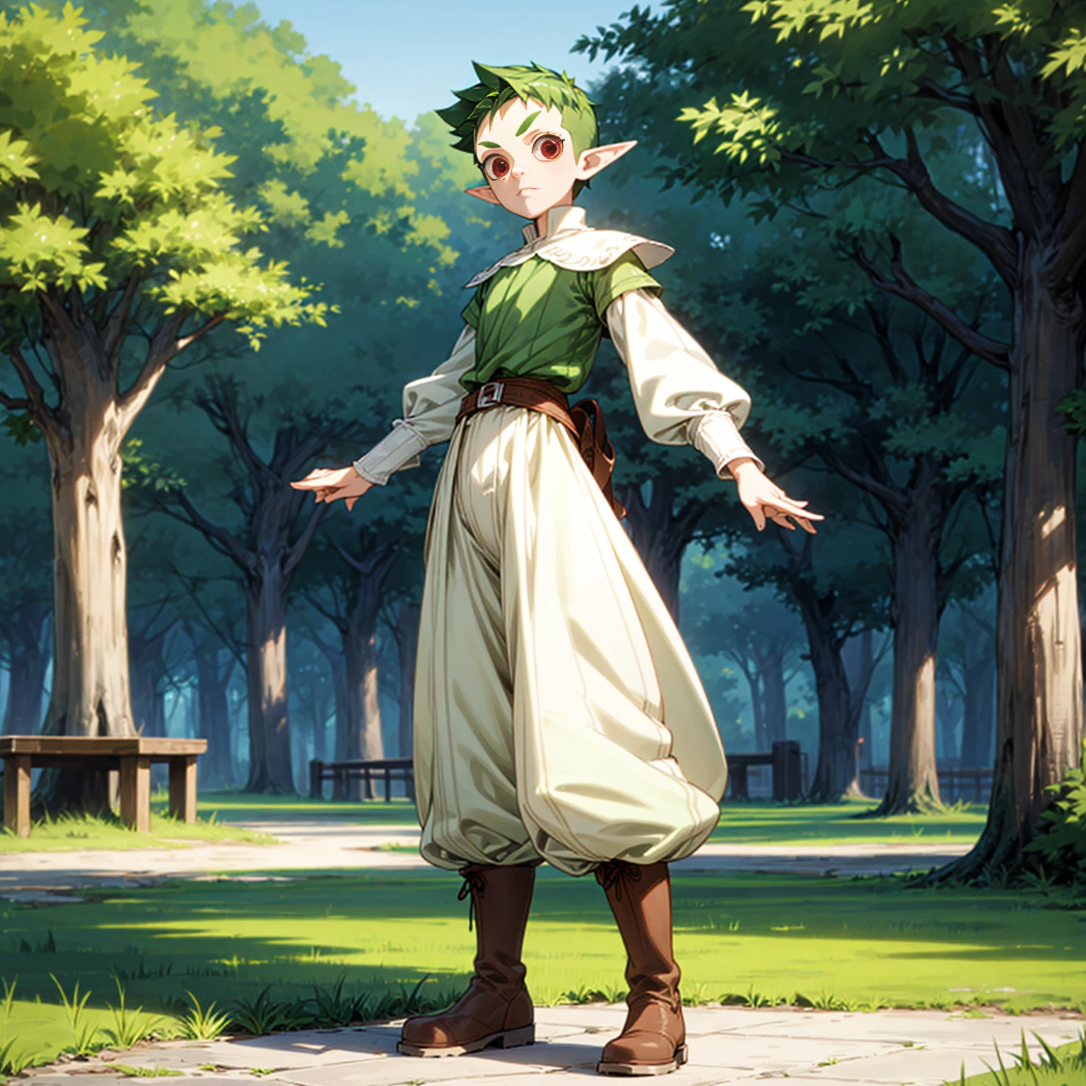 Solo character, full body version, kid boy, (elf), red eyes, green color hair, undercut hair, casual clothing, white color clothing, brown pants, boots, outdoor, park village, medieval, standing gesture, detailed background, detailed clothing, detailed hair, (one piece style art)