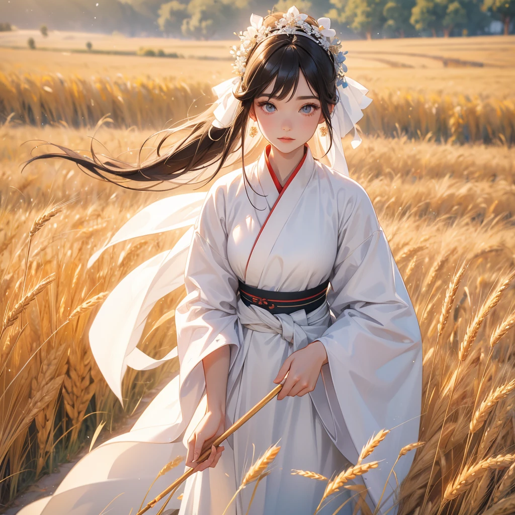 A beautiful female in white hanfu dress , Standing in the middle of a wheat field,close up.