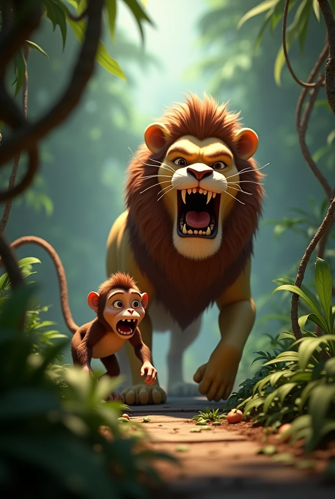Create 3D cenametic cartoon animation of this prompt "Cut to the hungry lion, looking fierce and scaryLion approaches the greedy monkey, with a suspenseful music