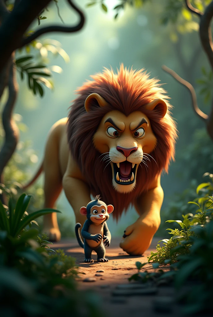 Create 3D cenametic cartoon animation of this prompt "Cut to the hungry lion, looking fierce and scaryLion approaches the greedy monkey, with a suspenseful music