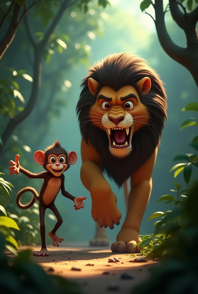 Create 3D cenametic cartoon animation of this prompt "Cut to the hungry lion, looking fierce and scaryLion approaches the greedy monkey, with a suspenseful music