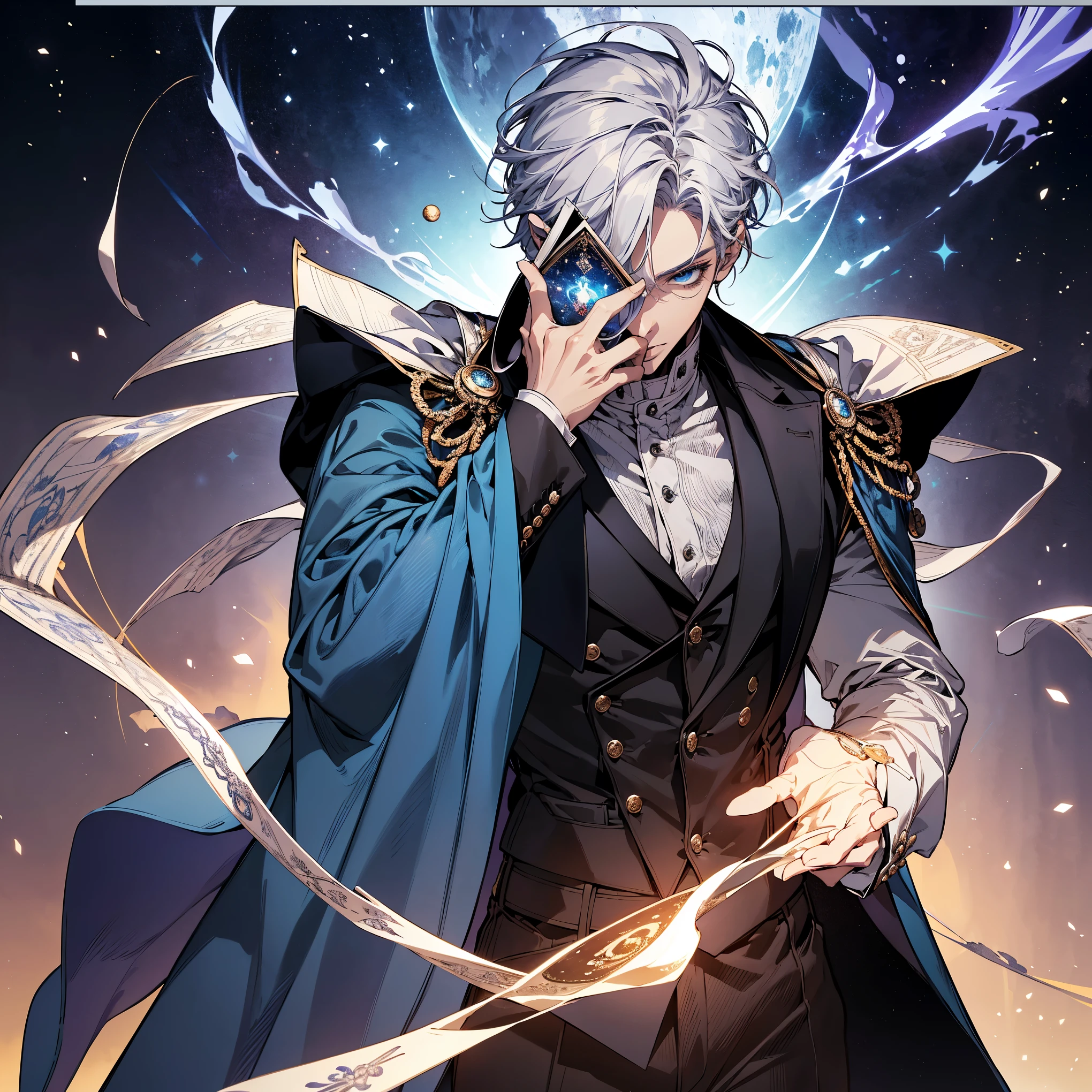 The Magician Tarot cards, (Young man, 1 man,short white hair, adult, handsome, Delicately detailed blue eyes and a detailed face., The demonic eyes stared at him., A mysterious mask covers his face., Best shots,special, (Broad shoulders)) (muscle),,night sky, Wear a black top hat.((มีTarot cardsประดับหมวก)),Stand with one arm extended and pointing towards the universe., and the other pointing down to the word. His positioning represents his connection between the spiritual realms and the material realms. The magician uses this relationship to create and manifest his goals in the physical realm.. He is the conduit for energy transformed into matter.. The magician's robe is white., It is a symbol of purity., And his coat was black., เป็นตัวแทนประสบการณ์และความรู้ทางword. บนโต๊ะตรงหน้าเขามีสัญลักษณ์สี่ชุดของTarot cards นั่นคือ ถ้วย, five pointed star, Sword and Wand – Each symbolizes one of the four elements – Water., word, air and fire. It's also a sign that he has all the tools. (and components) He needed to make his intentions known.. Overhead is an infinity symbol., And there was a snake biting its own tail around the waist. It was a sign that he could reach his limitless potential.. And the foreground was filled with all kinds of leaves and flowers., It symbolizes the blossoming and fruition of his ideas and aspirations..), Tarot cards, snake, spirit, The atmosphere is gloomy., Detailed lines, cinema, Black paper with colorful lines, luxurious, symmetrical, Tarot cards, Highly detailed, ink illustration, Peter Mohbacher's style, golden ratio, 4K ( By Alessandro Gottardo Victo I )