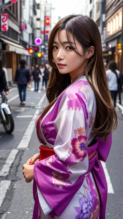 Beautiful Japanese Supermodel Women, Hair with subtle highlights, Iris, sexy,Street background,Gorgeous kimono , The liquid color runs down her face, Backlit shooting,perfect face lighting,Mixed Media,Turn right