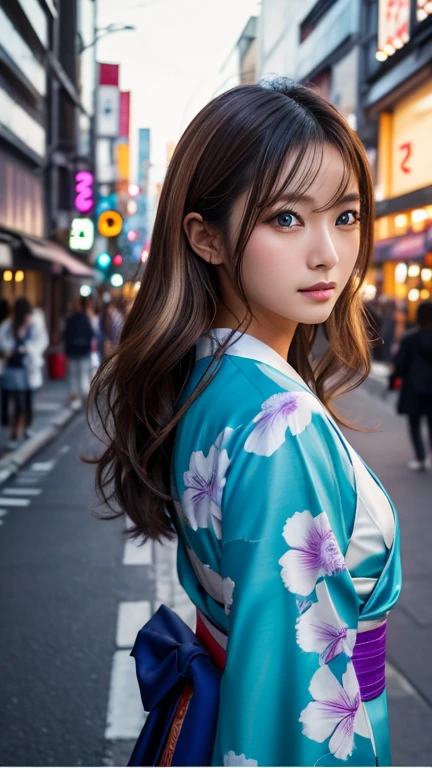 Beautiful Japanese Supermodel Women, Hair with subtle highlights, Iris, sexy,Street background,Gorgeous kimono , The liquid color runs down her face, Backlit shooting,perfect face lighting,Mixed Media,Turn right