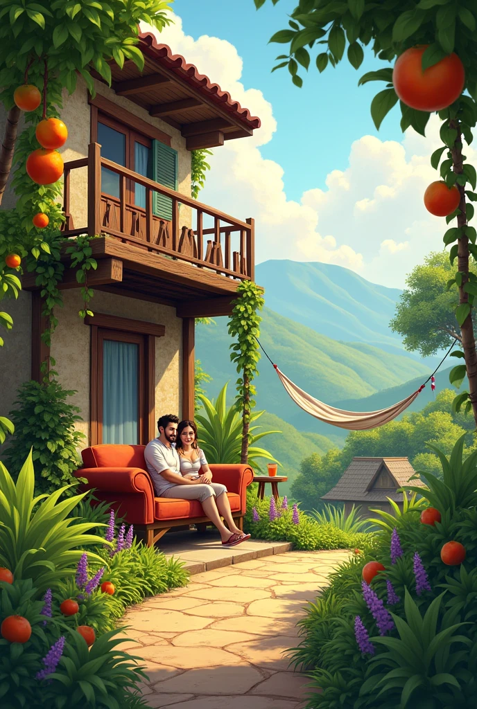 Generate an image of a simple house in a rural area, that has a balcony around the entire house, with a hammock and a rustic sofa. not sofa, there is a couple sitting, hugging. Have fruit-bearing plants around the house.