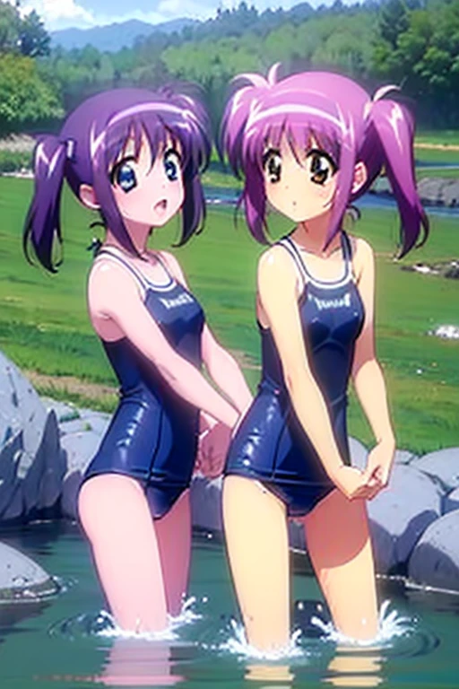 (((1girls・２girls, twin tails, river, playing in the river, swimsuit, playing)))、White ribbon