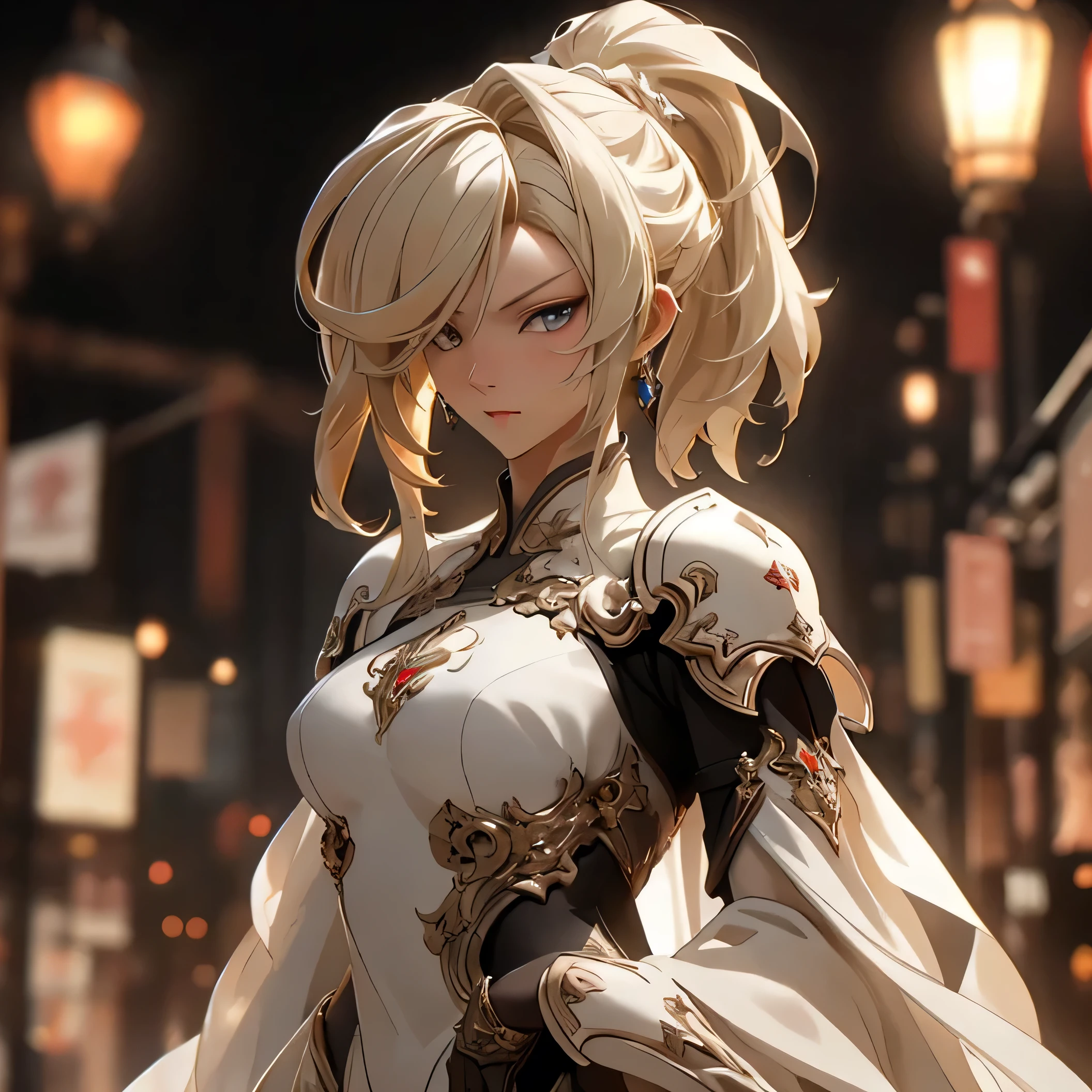 (best quality)), ((Masterpiece)), (details:1.4), 3d, HDR (high dynamic range), an image of a beautiful cyberpunk female, Blonde hair, High Ponytails, Red eyes, hips up, จมูกโด่ง, ปากแดง, หน้าอกใหญ่, nvidia RTX, PBR surface, After processing, Anisotropic filtration,depth of field, Maximum clarity and clarity, multi-layered surface, Subsurface scattering, perfect proportions, 8K raw files, ultra detailed, Perfect proportions, volumetric lighting, soft lighting, Holy Paladin, Heavy Armor, glossy skin, intricate silver embroidery, gorgeous, intricate grey background, strong back lighting, jewely, ต่างหู, นิ้วมือสมบูรณ์, กระโปรงสั้น