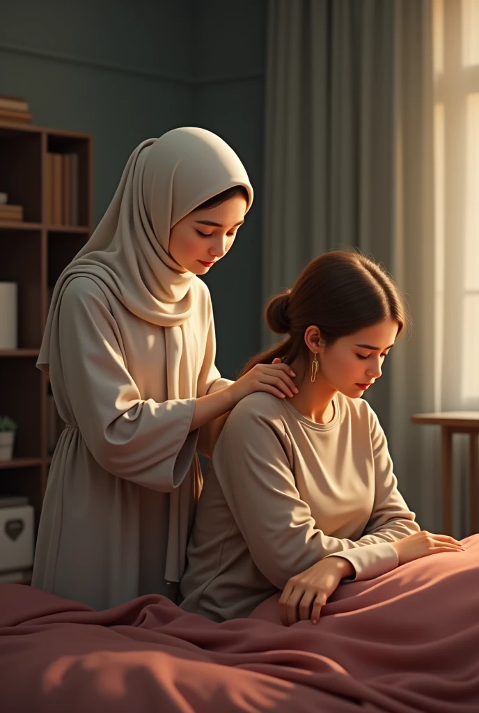 A Muslim girl standing behind her mother and massaging her shoulders