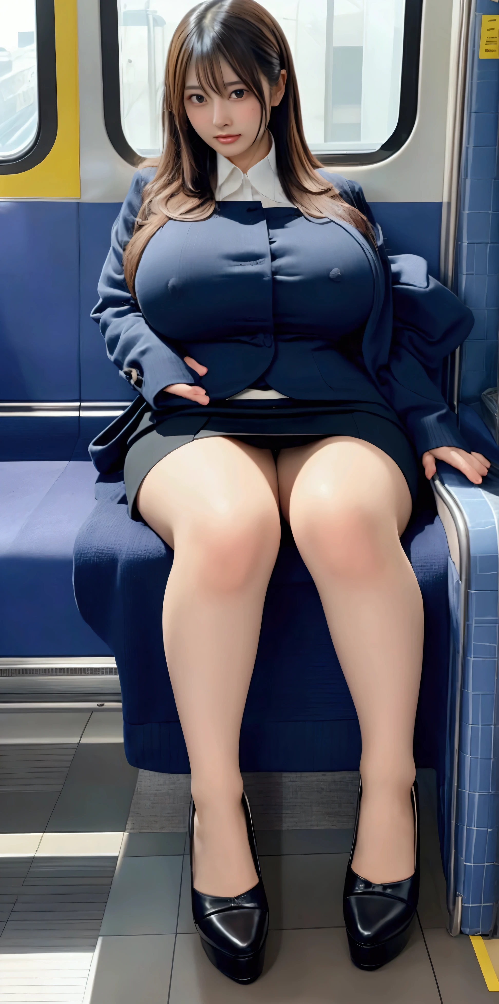 (((Sit well))), Beautiful Japanese woman sitting on a train seat, Taken from the opposite seat, Knee height seat, View Photographer, Tall Woman, One Woman, whole body, (Contemptuous look), skirt, High heels, Wearing pantyhose, ((Highest quality)), ((Intricate details)), ((Surreal)), Mature Woman, Very detailed, (Big Breasts), Perfect hands, Finger details, Beautiful and detailed, Long black hair, Brown eyes, Detailed Background, Perfect Eyes, Captivating eyes, Random Hairstyles, Very beautiful legs