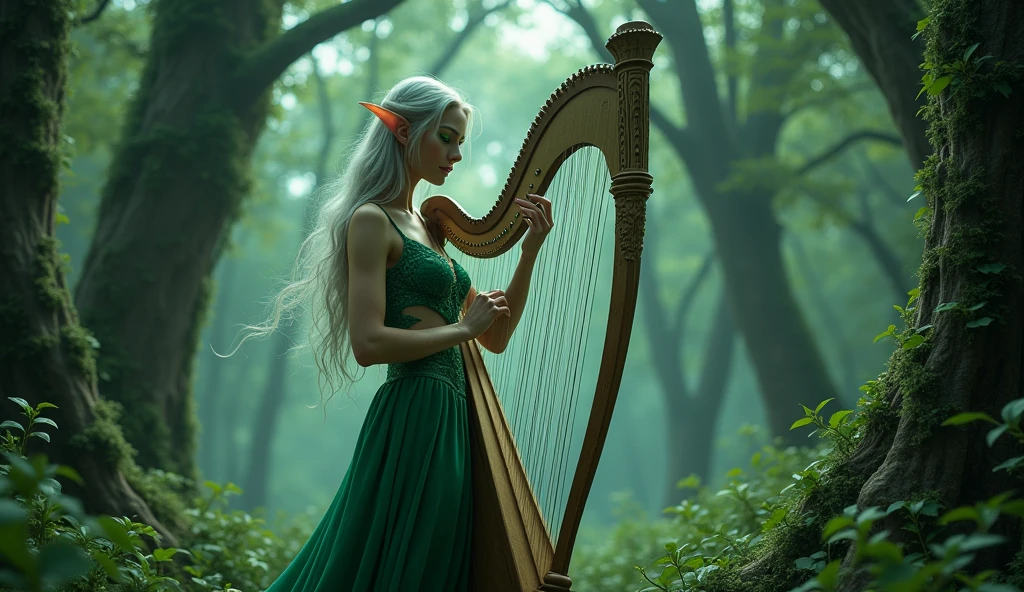 A seductive female elf with long silver hair, pointed ears, and glowing green eyes, dressed in a revealing emerald green gown that flows with the wind. She stands gracefully in the middle of a mystical forest, surrounded by ancient, towering trees draped with glowing vines. Her slender fingers gently strum a mystical harp, the notes blending with the soft whispers of the forest. The moonlight filters through the dense canopy, casting an enchanting glow on her ethereal figure. Aim for realistic depiction, make sure photos are at highest resolution (8K)