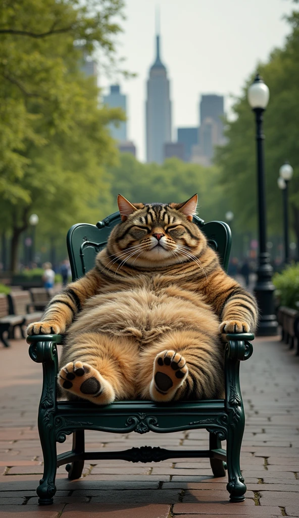 Newspaper photo\(realistic big fat cat sitting on chair at central park) chill out, feeling sleepy, at central park side, color photo\), perfect fingers