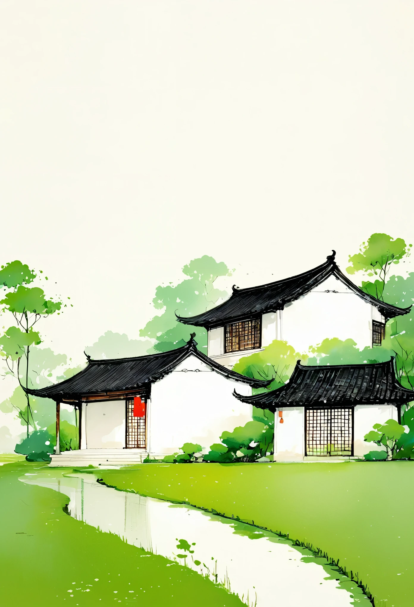 中国水墨画sketch：Light Ink，Lowercase，sketch，artistic conception，A small Anhui-style house in a field，Minimalism，White background。(((Negative Space,Bottom left composition)))