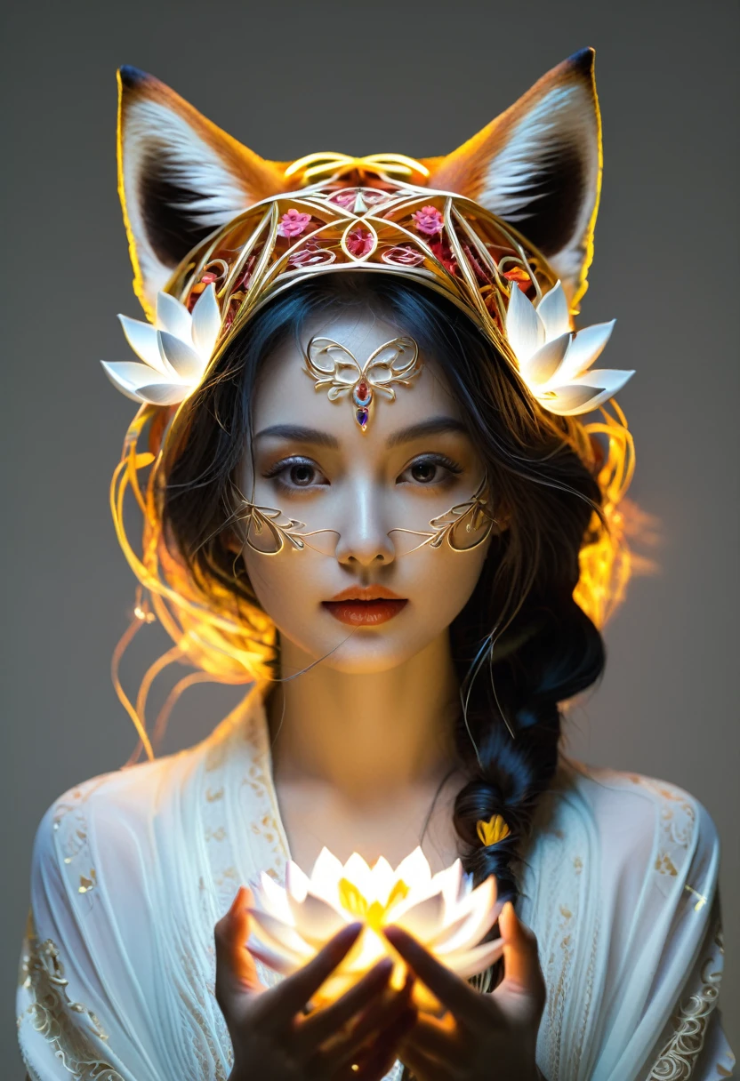 high quality, 8K Ultra HD, Surreal portrait of a stunning woman.
Full body photography of girl in lotus pose,Anatomically correct,Raw, Movie Lenses, (Clear focus:1.5), (Reality:1.4), Dusk lighting, Volumetric Lighting, Ultra-high resolution, 16K,Dramatic Lighting, White background:1.5)(tangled,Mandala,Tangle,Entanglement:0.7)Fox Demon,Fox Mask,Short coat, Foxfire Curse, fox family, Transformation, Depth of Field, Dreamy atmosphere, The most beautiful form of chaos, grace, Dark theme of Fauvist design, Flower of Death, Flowers of ecstasy,Glowing Line,Glow Example,Tracking Example,flash, Backlight,translucent,Light Particles,HILL