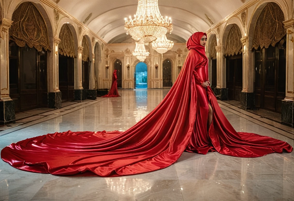 A woman shrouded in a 8-meter-long, plush red satin cloth, tightly bound and grandly draping along the form of her body, flowing off into a pooled floor-length train, styled in a mermaid-inspired outfit with very long train outfit, her head modestly veiled in a satin hijab, wet, tall woman, wet, walk in outdoor, a full-body pose conveying a sense of mysterious elegance, captured in a 4k resolution, ultra-realistic