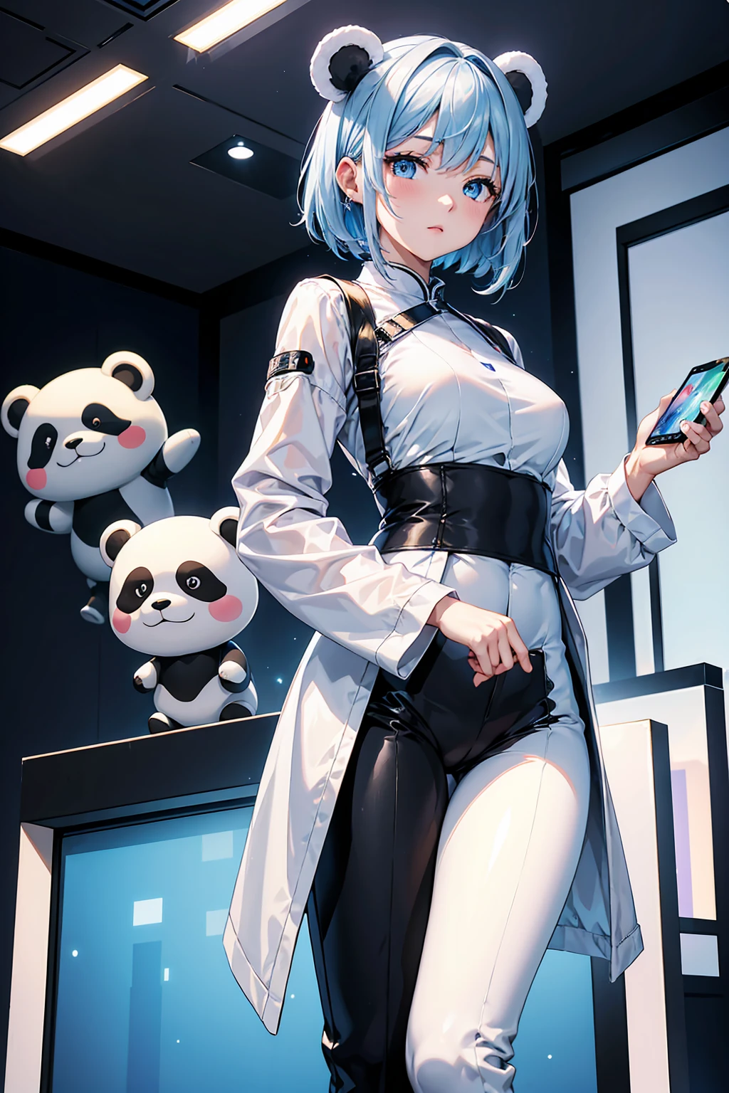 Holding a stuffed panda、Holding a smartphone in hand、Smartphone design、Next-generation smartphones、Transparent body、Holographic Dial、Carry it on your arm、A female android with a smartphone on her arm、Smartphone Exhibition、event venue、Android Companion、Projecting holograms from a wrist-worn smartphone、Smartphone adoption、Simple white background, Stylish table, Smartphone on the table、A female android wearing a white and blue long-sleeved long-pants suit
