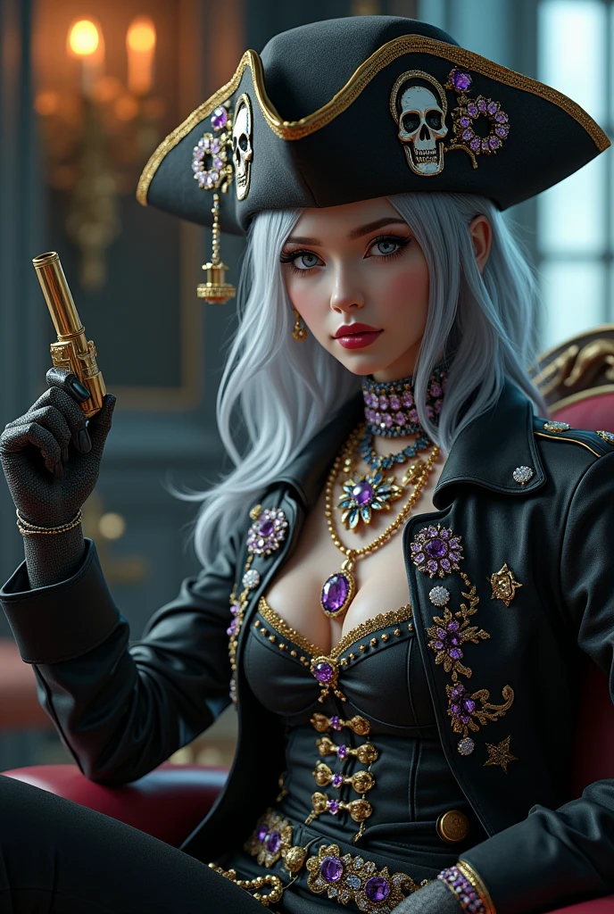 Surreal 8K 32k Realistic and ultra fantasy　Very detailed　Dynamic seating position　Cinema Lighting　3d　Clear Eyes Gem　pirate　　Silver髪　Holds a gorgeous gun in his right hand　pirateの髑髏マーク帽子　black, Money, Silver　Skull Necklace　holding a cigar in one&#39;s left hand　ゴージャスなpirateファッション　Spilling Jewels　Silver髪　 cute　Amethyst Decoration Information
