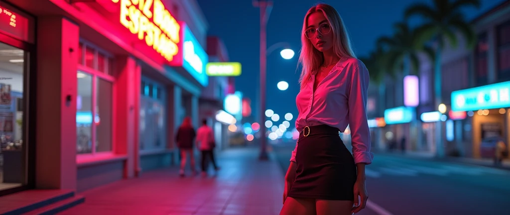 arafed woman standing next to a club in a city street, outrun art style, 80s outrun, outrun style, [ 4 k synthwave art style ]!!, miami synthwave, outrun, synthwave art, synthwave art style, gta vice city remastered, synthwave art style ]!!, synthwave style, (skinny business shirt), (Very short skirt), (Stockings), Glasseedium breasts), Perfect body, Blonde hair,