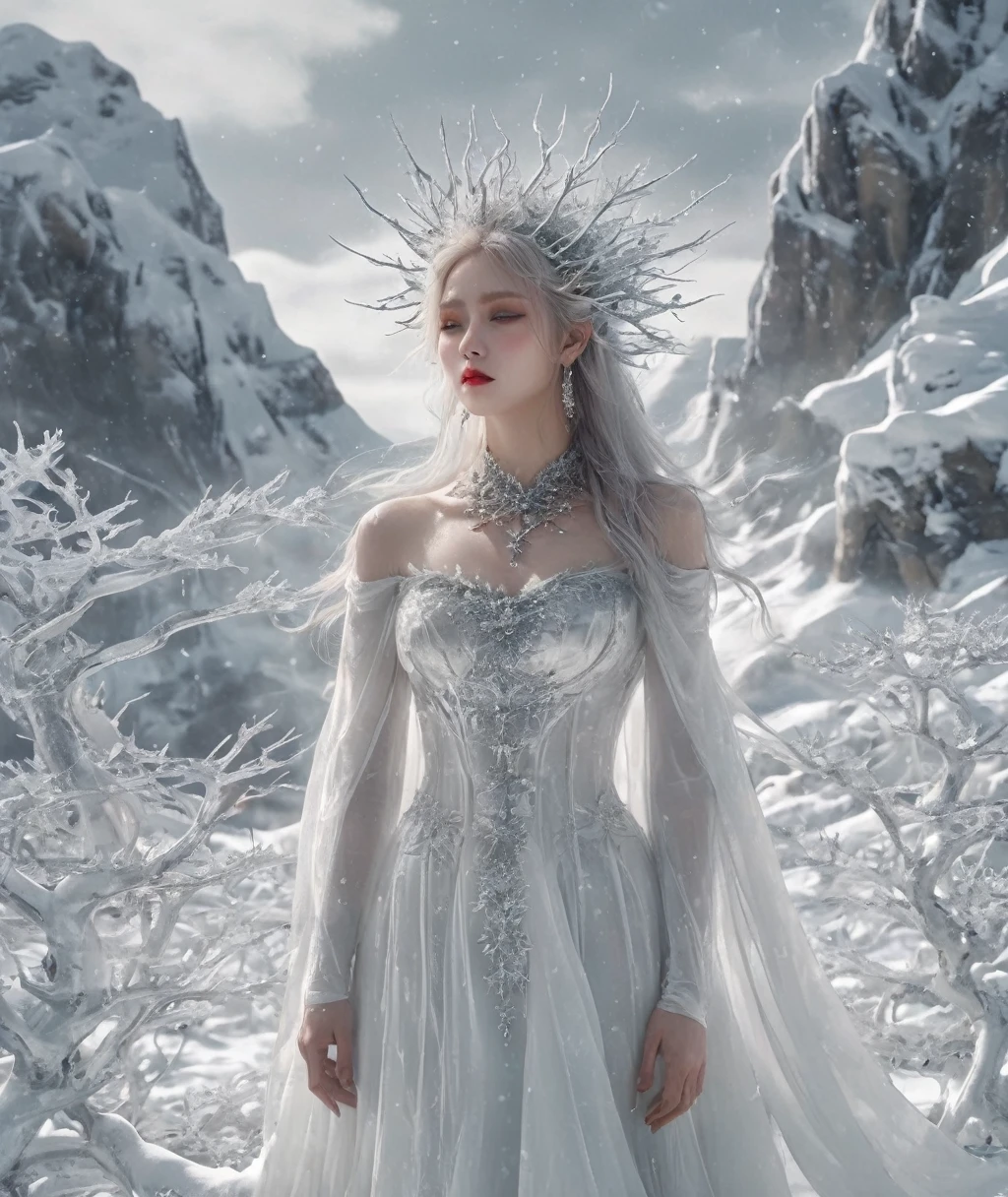 The Banshee of Thorns on the Snow Mountain,Coexist with the cold wind,Covered with frost, snow and thorns,The skin is branded with ice crystals from the snowy mountains,The surreal modeling technique makes her the guardian of the ice。In the white snow,She is like the spirit of the snow mountain,The light scatters on her,It contrasts sharply with the surrounding silver,Draw a fascinating visual feast,The composition is grand,Cool temperament