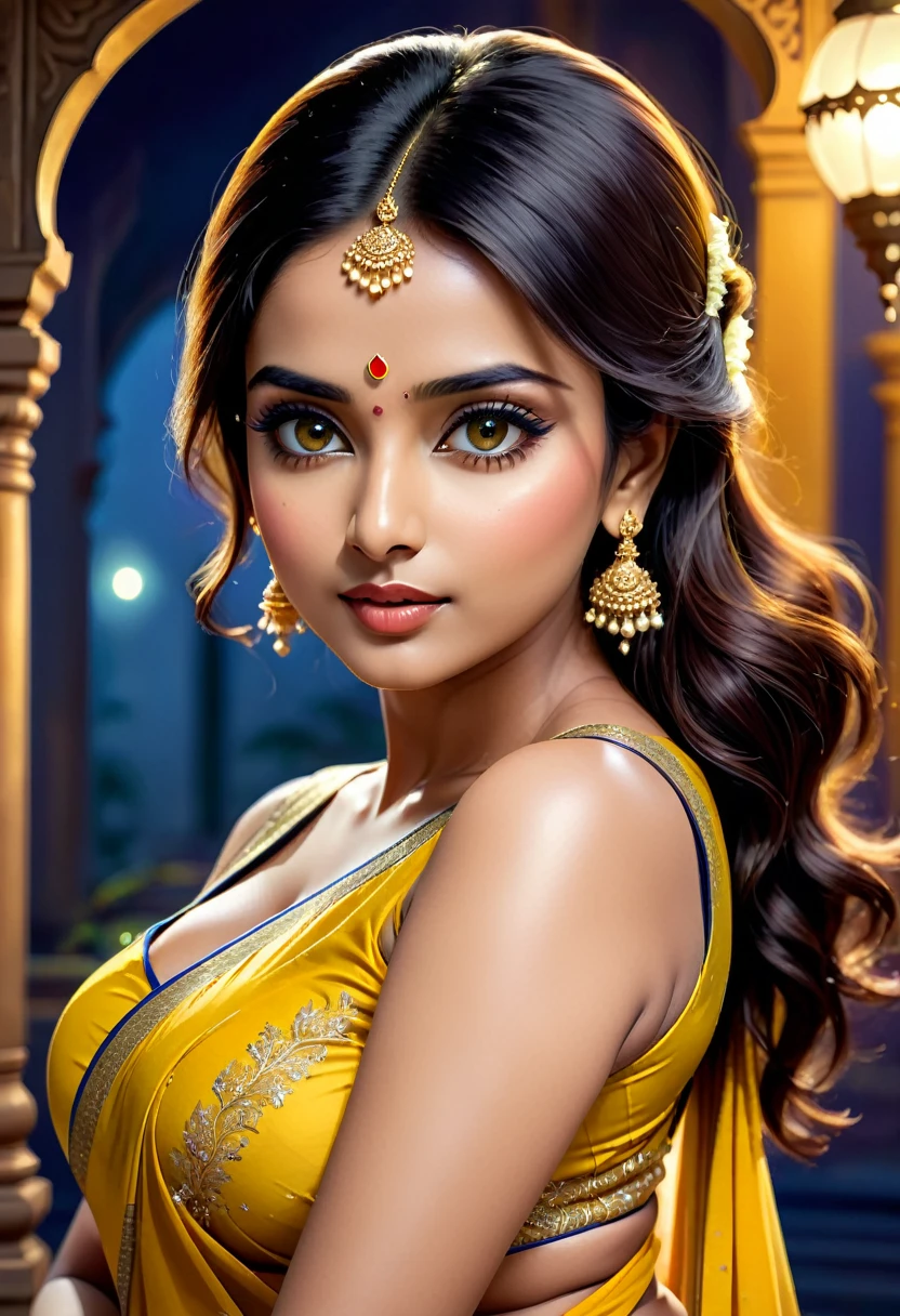 a beautiful indian woman in a simple yellow saree with white border, sleeveless, seductive side pose,big breasts, night bluish ambience, digital illustration, hyper detailed, cinematic lighting, 8k, realistic, photorealistic, masterpiece, intricate details, porcelain skin, long eyelashes, plump lips, extremely detailed eyes and face, elegant, graceful, alluring