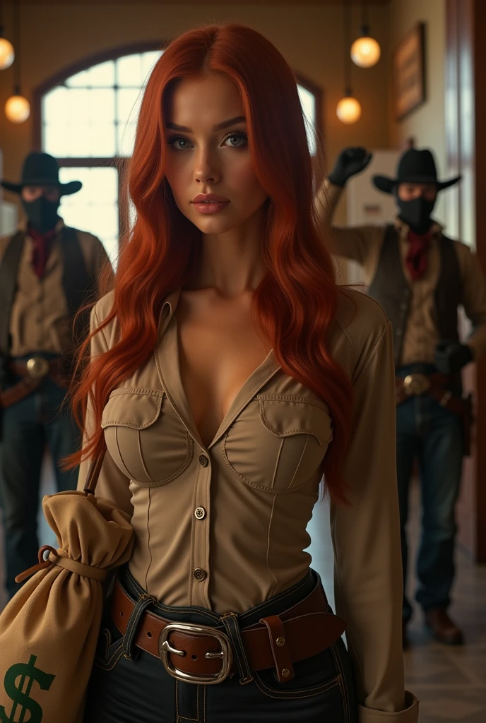 ultra realistic, photography, long straight red hair, (30 years old, hourglass figure, perfect body, natural medium breasts), shiny pink lips, Long eye lashes, Award Winning Glamour Photograph extremely detailed award winning glamour photograph, front lit, HDR, she wears a sherrifs outfit, wild west setting, she is robbing a bank with two bandits wearing black cloths over their mouth and a big bag in their hands, the bag has a big green dollar sign on it, they are inside of a bank, the bank tellers habe their hands up in the air, cinematic shot, action shot,
