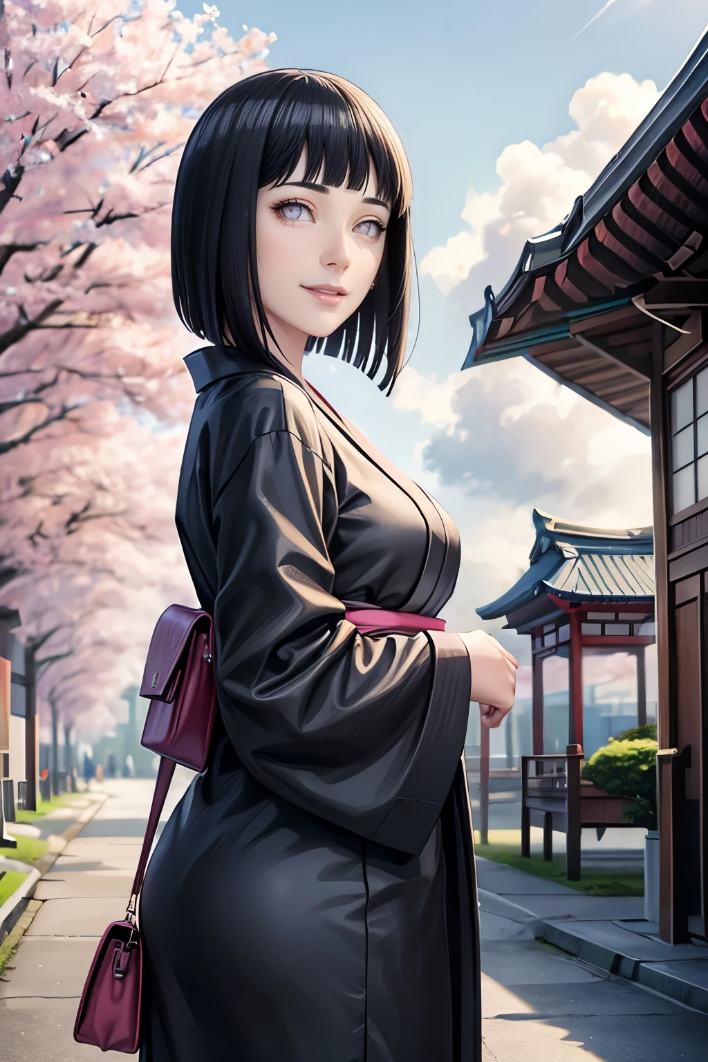 (best quality,4k,8k,highres,masterpiece:1.2),ultr
a-detailed,realistic,photorealistic:1.37,detailed
eyes,beautiful detailed lips, pale, hinata hyuga from Naruto wearing beautiful black kimino, perfect figure, attractive rounded breasts, smiling, puffy lips, posing in cloudy weather, in front of japanese temple, people in the background, outdoor ,clouds, cherry blossom trees, green trees, sakura falling, posing with a bag, short hair, realistic hands, realistic hair, realistic nose, realistic lips, improve fingers, dark cloudy weather with no sunshine, wearing full sleeve kimono, japanese traditional dress, rainy clouds , black kimino, too many people, no sunight dark weather, black dress, long portrait