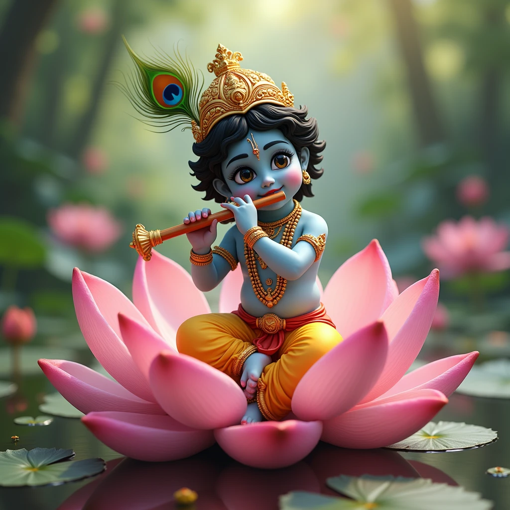 Bal Krishna sitting on a pink lotus, playingaflute and wearing a golden crown with a peacock feather in it, beautiful scenery background, other lotuses also seen in the pond