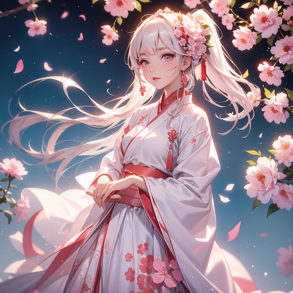 A beautiful female in white hanfu dress , Standing in the middle of pink carnations,close up.