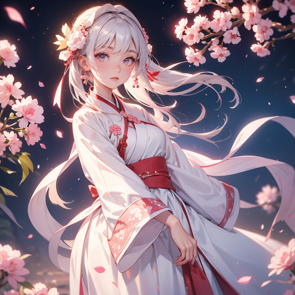 A beautiful female in white hanfu dress , Standing in the middle of pink carnations,close up.