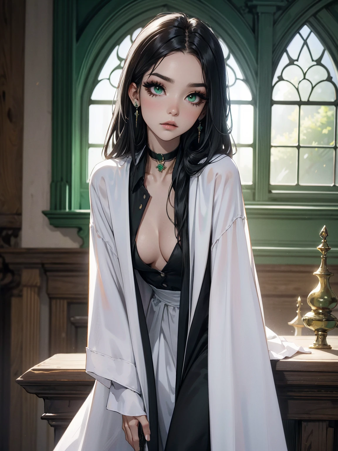 emo_hairstyle, (piercings), (black necktie), ((long hair)), ((straight hair)), (((black hair))), side swept bangs, white skin, pale, white, (green eye), tired expression, choker, ((dark makeup, mascara, eyeshadow)), multiple piercings, best quality, 8k, dark laboratory, dim lighting, white shirt, erotic, slytherin, black and white robes, (small breasts, cleavage, strap gap, leaning forward, hanging breasts), hogwarts robes. (((small breasts)))