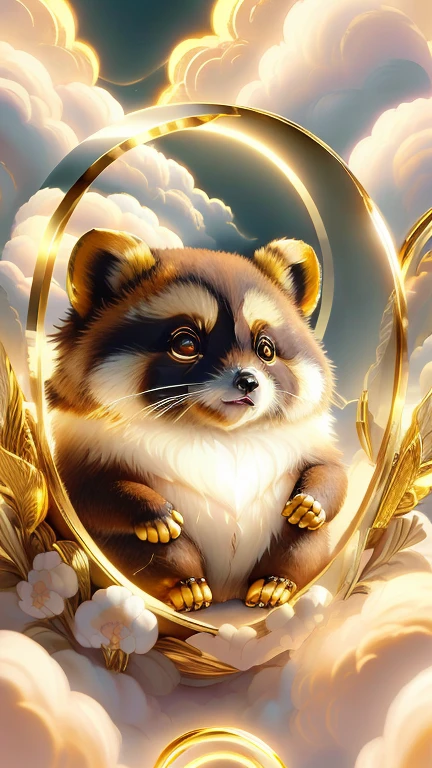 god々Cute Tanuki1animal、Small gold format、Aura of Gold,Looking into the camera、Look at this、Background gold、Floating in the clouds