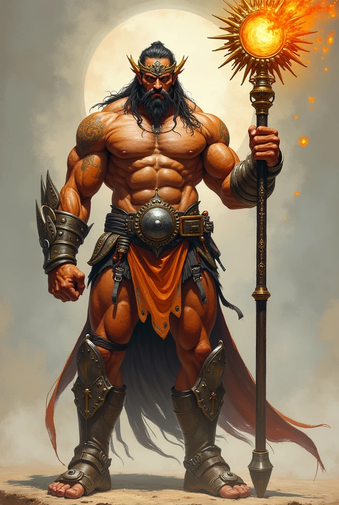 Character with a staff that looks like a sun a muscular body is powerful with a symbol of the sun orange arms with metal relief legs with disappointed symbols black eyes is yellow a metal crown that looks like the sun is a dangerous fighter side with throbbing muscles is athletic