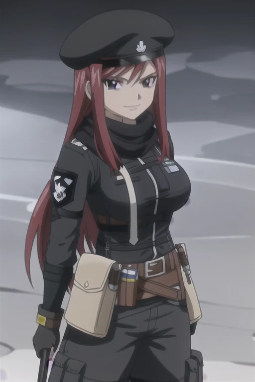 1girl, solo, Erza Scarlet, Fairy Tail, red hair, long hair, facing the viewer, looking at viewer, sidelocks, black military uniform, black long-sleeve shirt, black military bulletproof vest, big breasts, cleavage, black military peaked cap, black hat, badges, (simple dark background), close-up