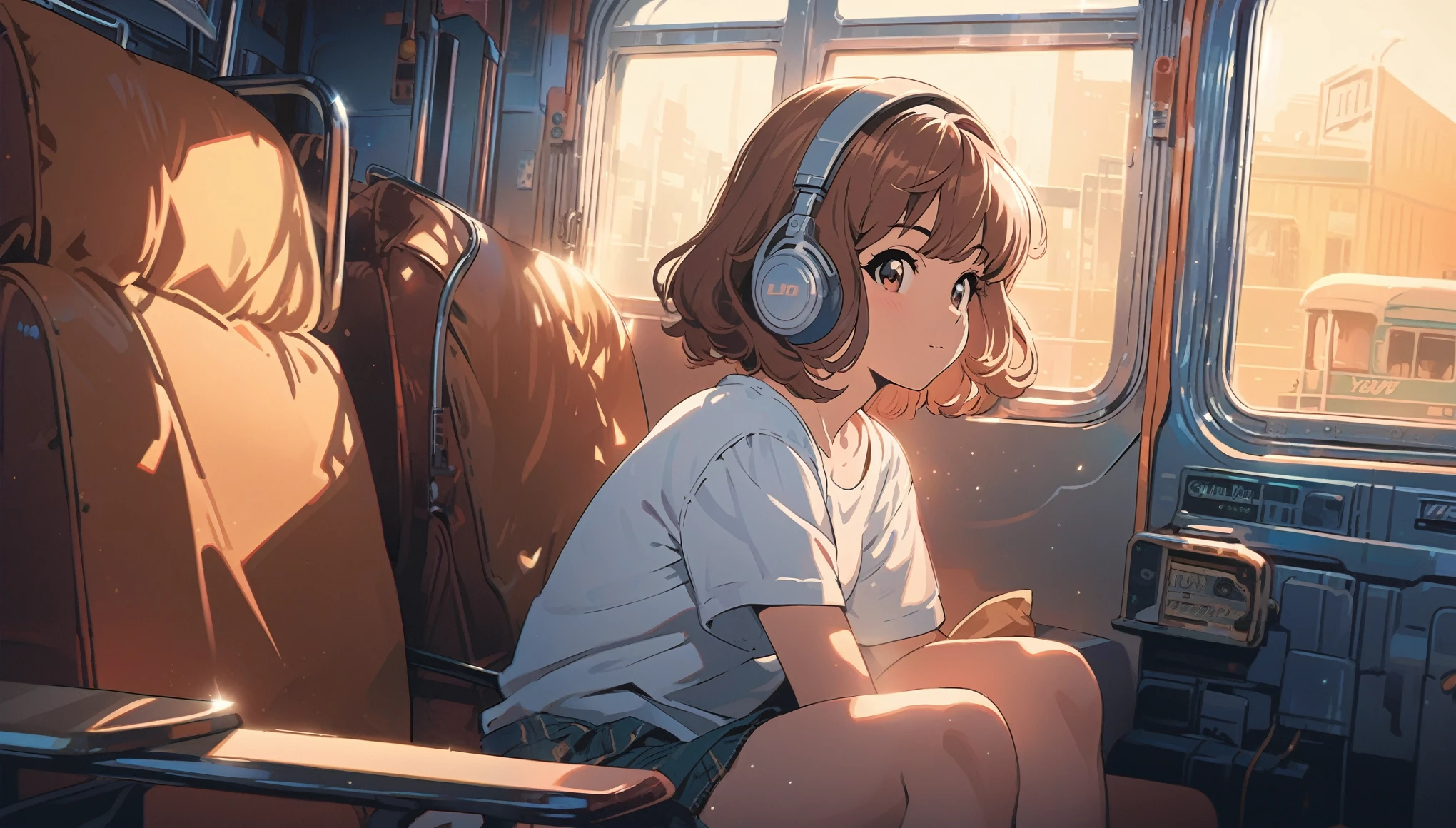 (extremely detailed CG unity 8k wallpaper), (best quality), (best illustration), (best shadow), realistic lighting, beautiful detailed reglow, masterpiece, best quality, lofi artstyle, lofi art, 80s anime style, Retro, Lo-Fi, 1girl, solo, short hair, brown hair, sitting, window, headphones, ground vehicle, train interior, anime