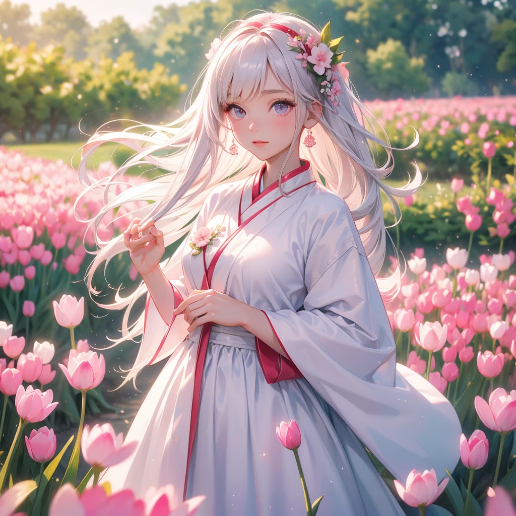 A beautiful female in white hanfu dress , Standing in the middle of pink tulip field, close up.
